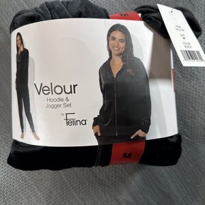 Felina Velour Women’s Hoodie & Jogger Set Black Size M Cozy Loungewear